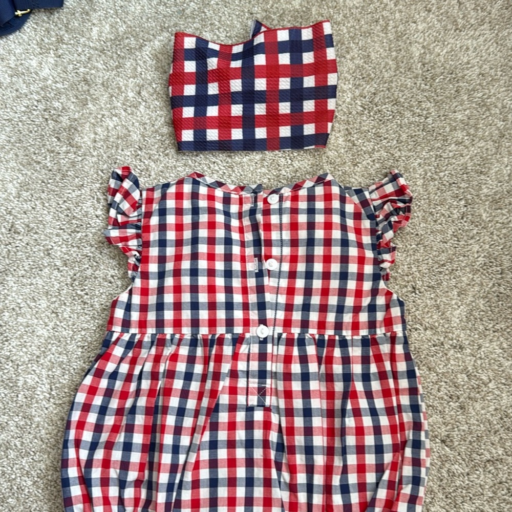 Patriotic Plaid Baby Romper with matching bow Headwrap - Picture 6 of 8